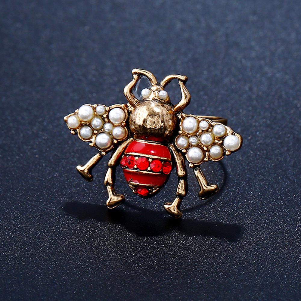 Women's Adjustable Retro Insect Pearl Enamel Gold Ring Earrings