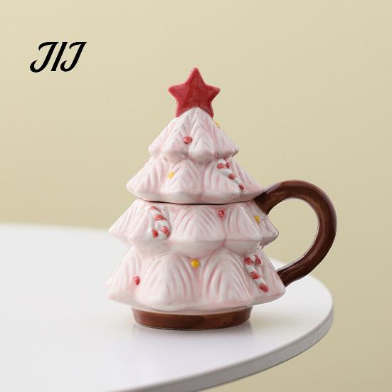 Christmas Tree Coffee Mug with Star Lid, 340ml Festive Holiday Cup for Hot Themed Beverage Drinkware Cocoa And Milk, Retro Curved Handle Microwave