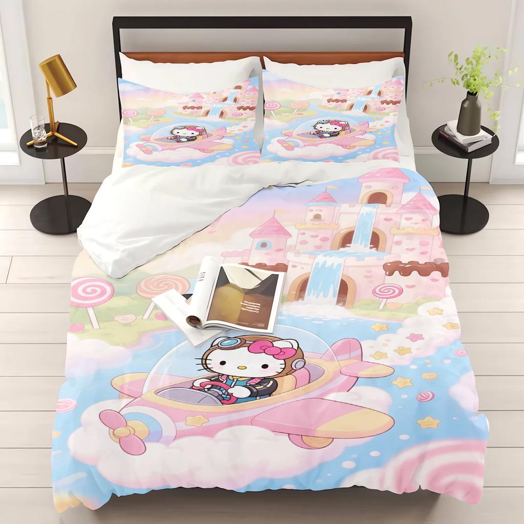 Zestaw pościeli do sypialni z nadrukiem Hello Kitty Poszewka na kołdrę Prezenty świąteczne Komfortowy Kreskówka Z poszewką na poduszkę