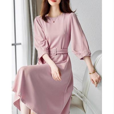 Demana Hepburn Style Round Neck Lantern Sleeve Mid-Length Dress