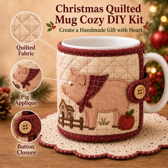 Beginner Sewing Project Farmhouse Friends Mug Cozy Kit, DIY Animal Cup Sleeve Craft, Handmade Christmas Kit with Festive Patterns, Quilting