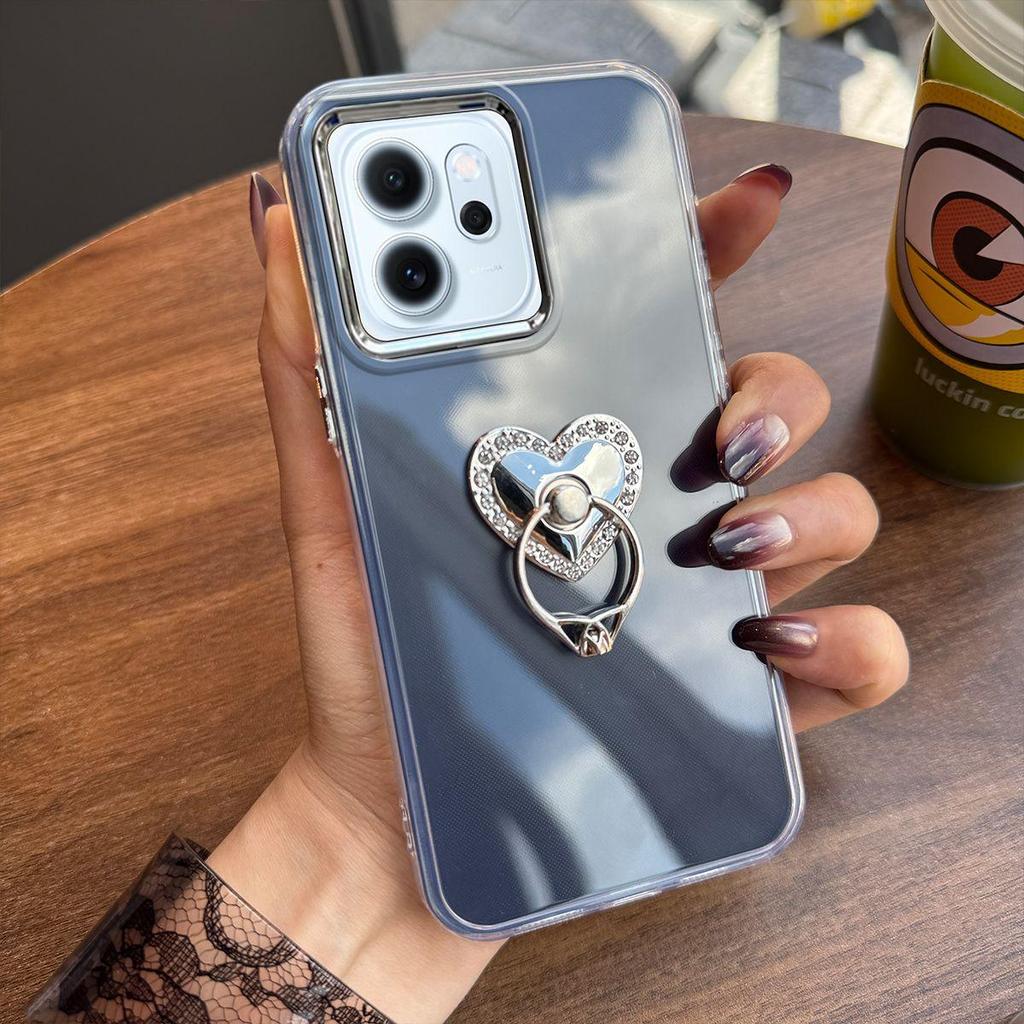 Luxury Bling Rhinestone Heart Ring Bracket Clear Phone Case for OPPO Reno14 F 5G Stand Cover