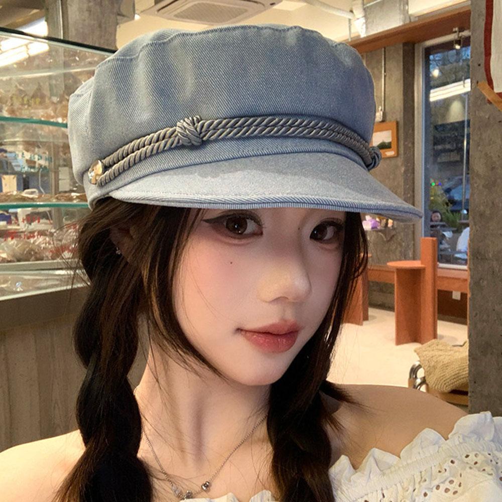 Retro Japanese Beret Hat British Ins Denim Octagonal Hat Artist Hat Women Casual Flat Top Hat Blue Navy Style Octagonal Hat