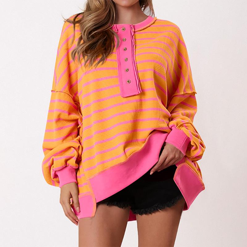 Color Block Long Sleeve Striped Button-Up Casual Sweater for Women - Autumn/Winter