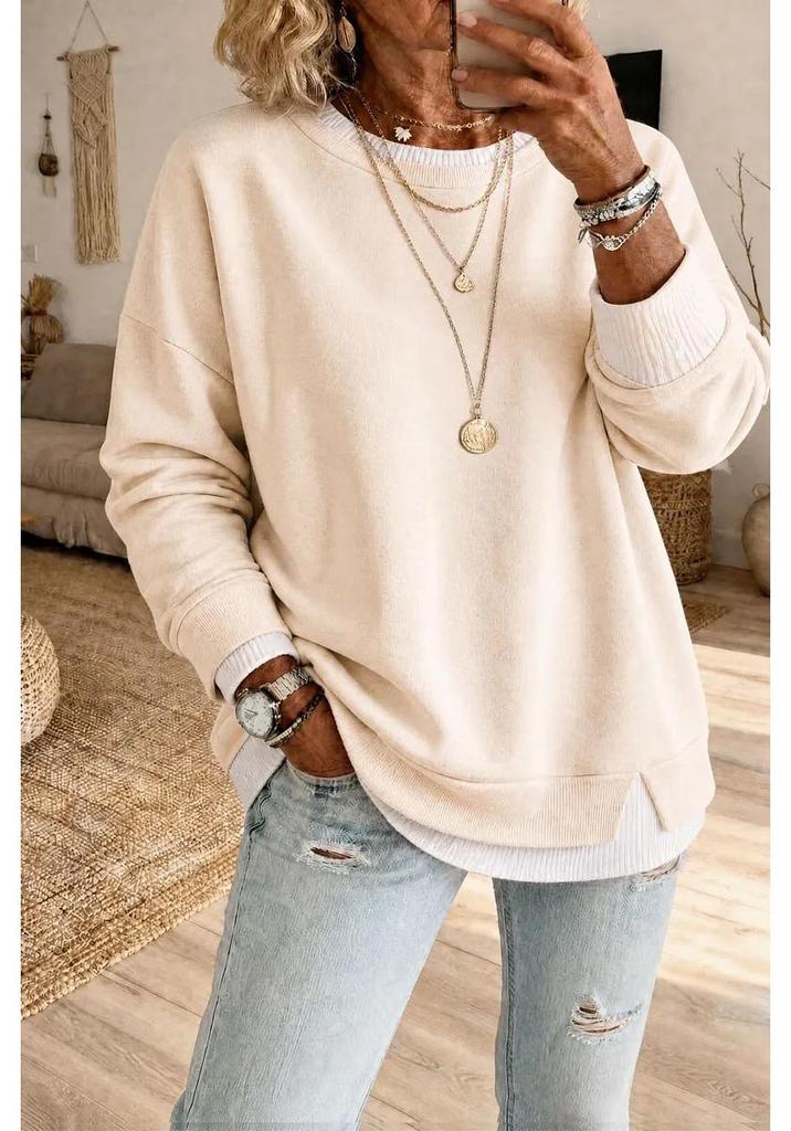 2026 Women's Stylish Slimming Ribbed Two-Piece Look Slit Round Neck Long Sleeve Casual Pullover Sweatshirt