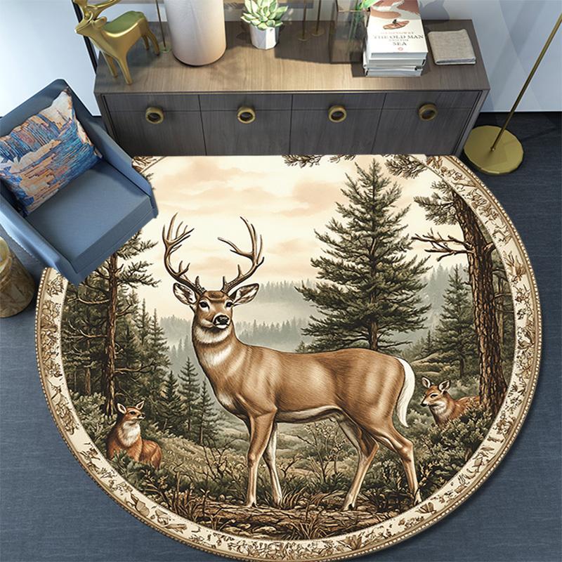 Deer Forest Round Area Rug,Carpet Rug for Living Room Bedroom Sofa Playroom Decor,Non-slip Floor Mat