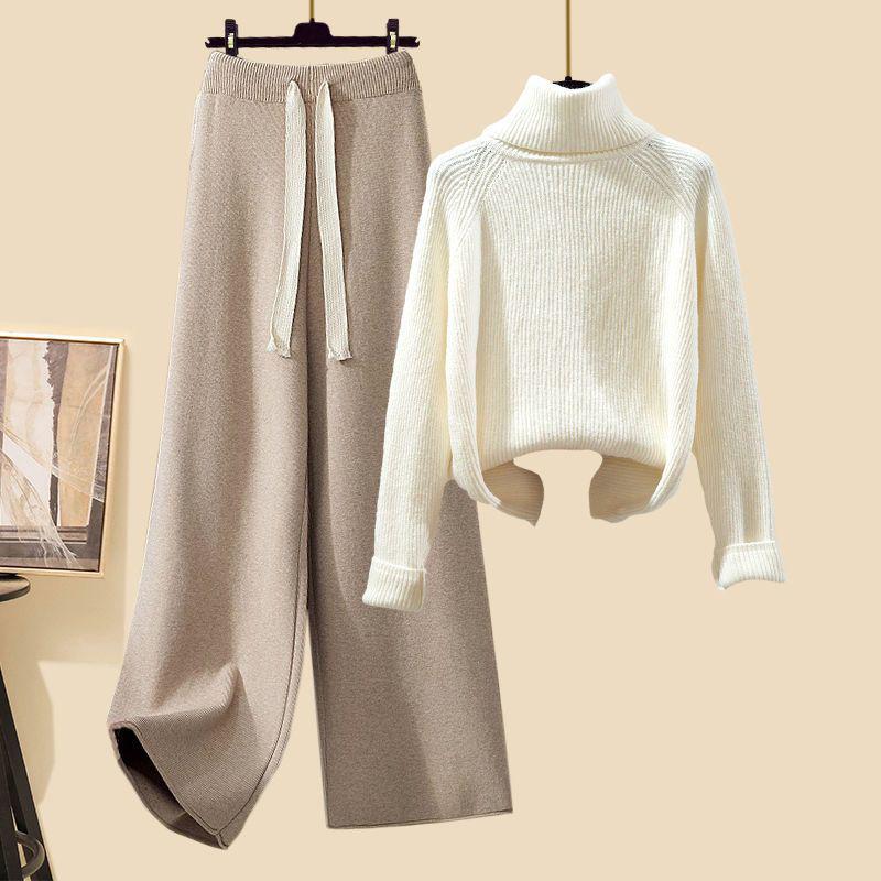 Women's Autumn 2024 Three-Piece Set: Mid-Length Cardigan Jacket, High-Neck Sweater, and Slim Wide-Leg Pants