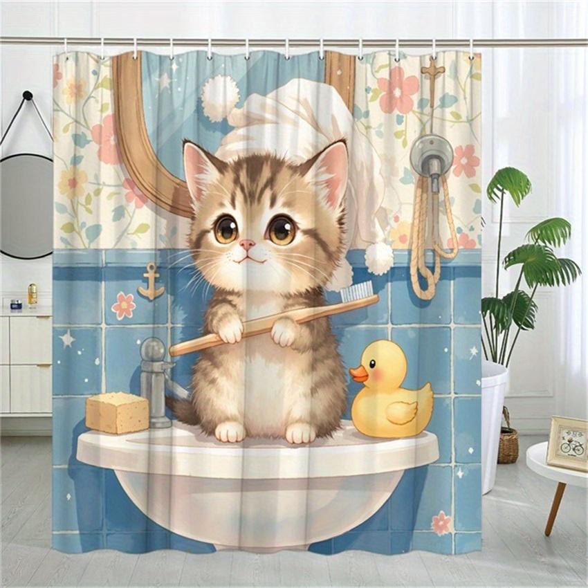 

1Pc Tabby Kitten Bathroom Shower Curtain Fluffy Towel Sink Wooden Toothbrush Duck Nautical Theme Bathroom Decoration Home Deco W60H190(CM)-1 Pcs