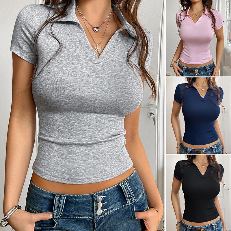 

Y2K Ladies Summer lapel Solid Color Slim Fit Pullover Midriff-baring T Shirt Crop Top XL