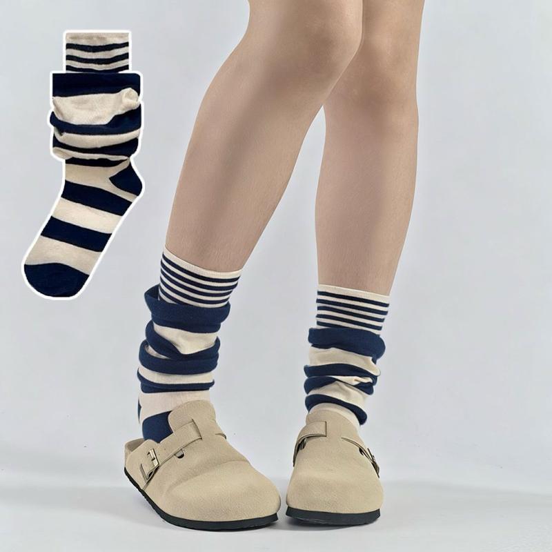 Retro Striped Socks Autumn Winter Temperament Fashion Layering Socks Mid-Calf Socks For Women one size