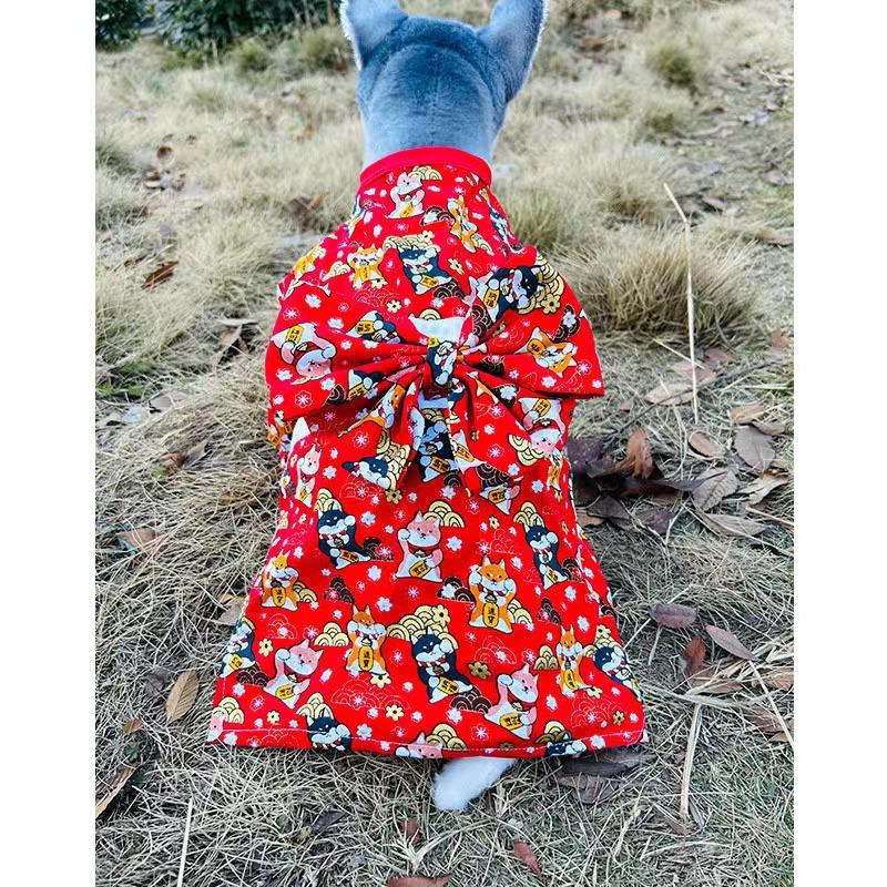 Japanese Kimono Dog Cat Clothes Fall Winter, Warm Fleece Shiba Inu Corgi Coat, Traditional Floral Print Pet Costume