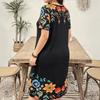 Europe, America, large size plant flower print, fashionable and elegant round neck short-sleeved dress, women's large size thin dress