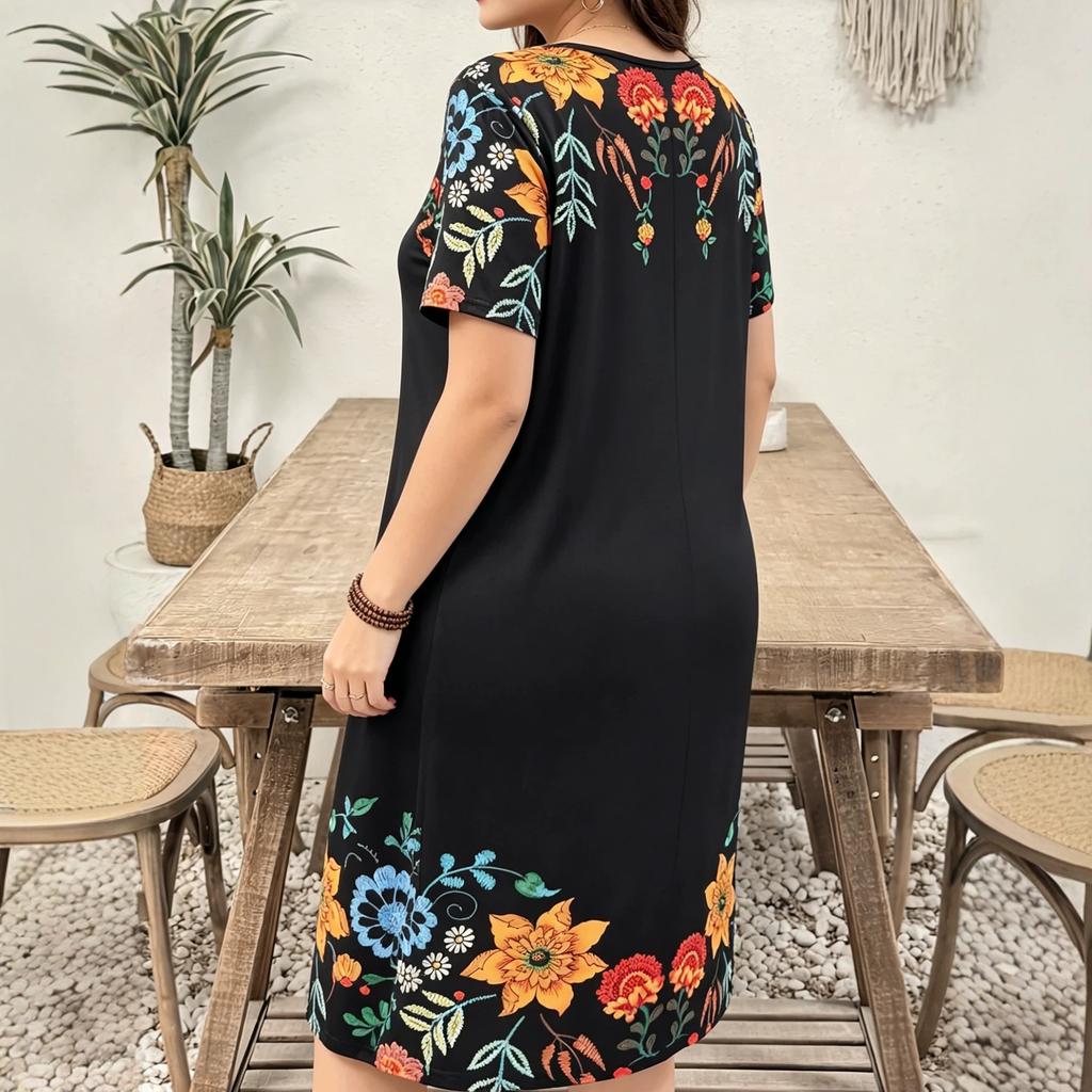Europe, America, large size plant flower print, fashionable and elegant round neck short-sleeved dress, women's large size thin dress