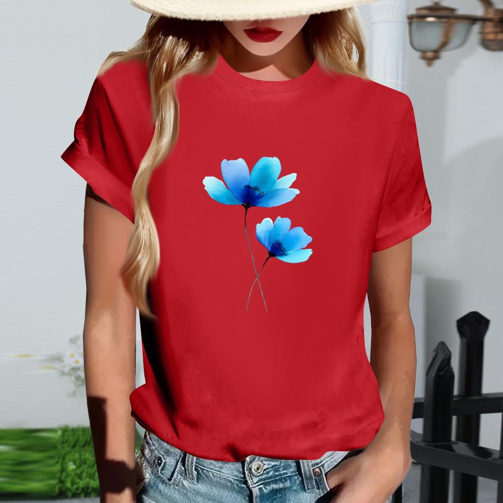 Damen Modisches Rundhals Casual Retro Print Kurzarm T-Shirt Top