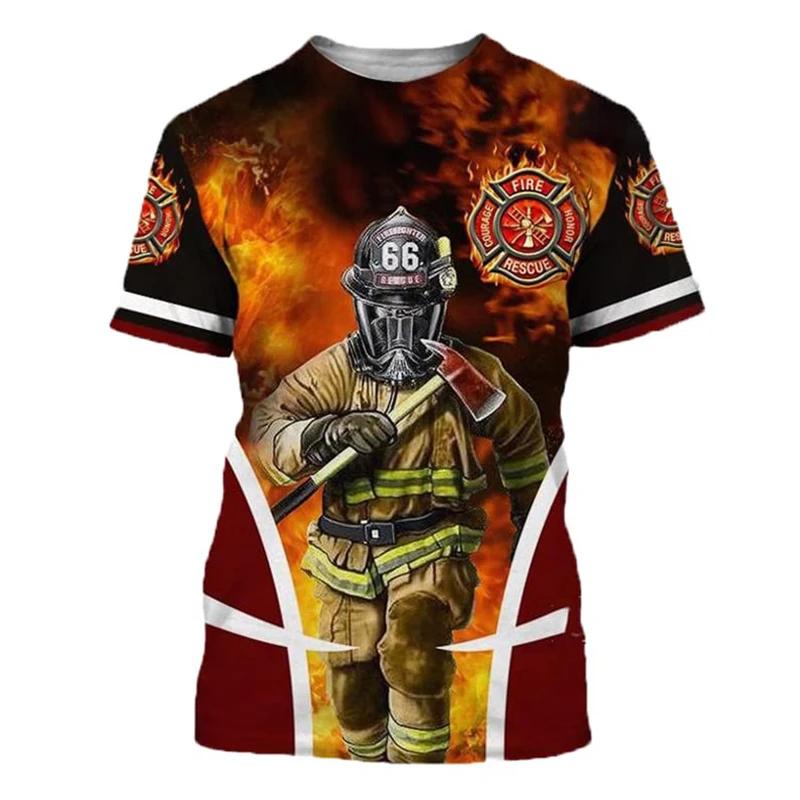 Summer Round Neck 3D Firefighter Print Top Fashionable Casual Short Sleeved Men's T-shirts