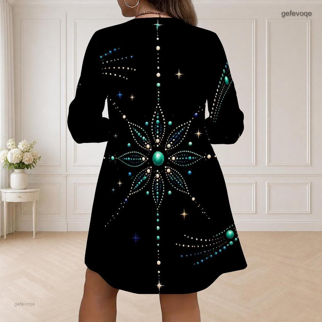 Women Plus Size V Neck Long Sleeve Black Floral Printed Loose Curved Hem Dress