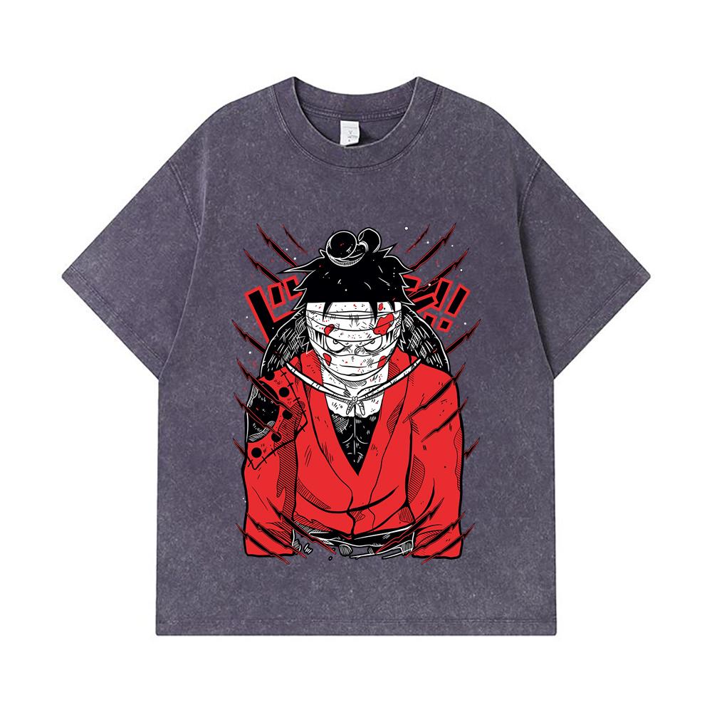 275 GSM Washed T-shirts 100% Cotton One Piece V26 Luffy Wano Print Unisex Heavy Cotton T Shirt