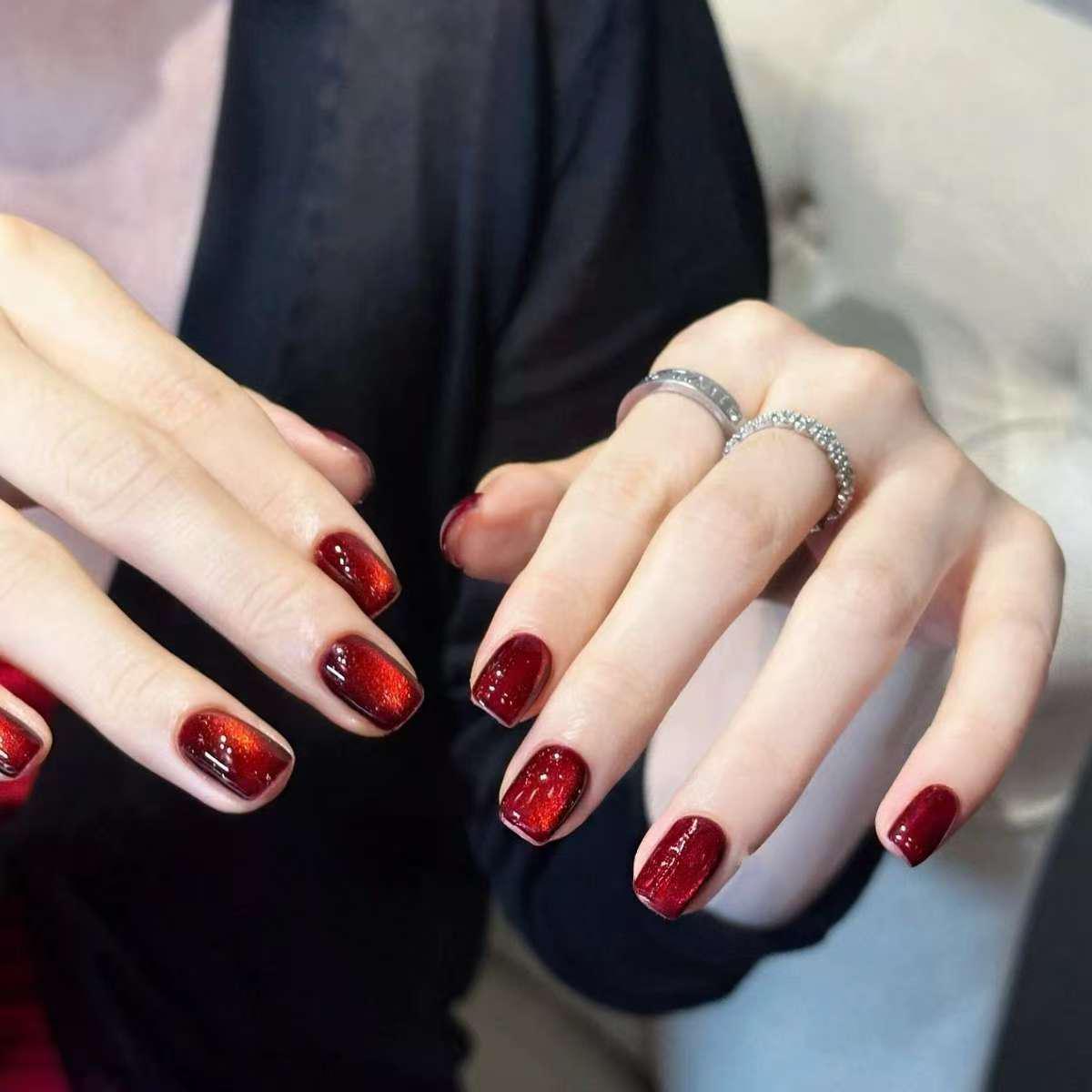 Pigeon Blood Red Cat Eye Press-On Nails - Handmade Short Style Manicure L
