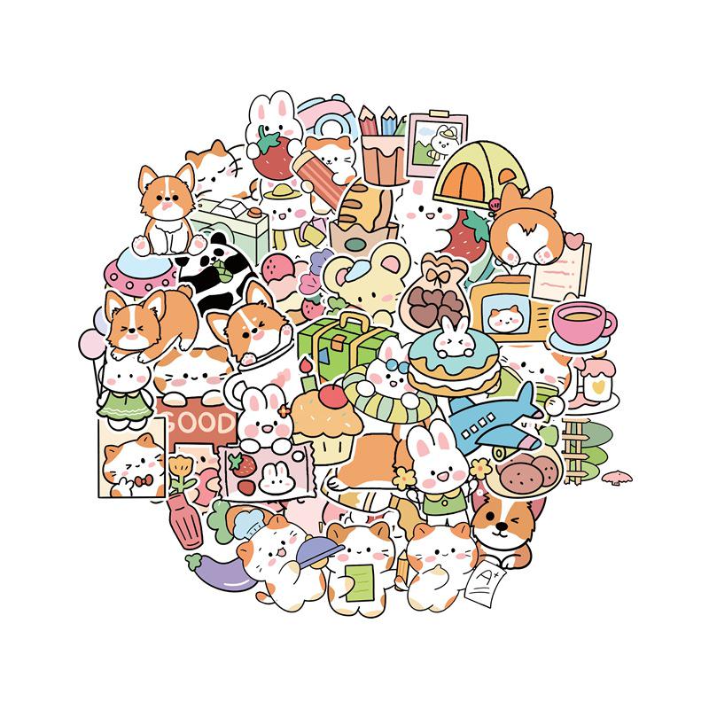 Cute Japanese Animal Squad Journal Stickers - 50 Sheets of Puppy & Rabbit Cartoon Designs for Creative Decoration
