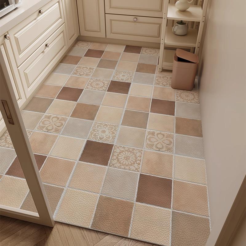 Retro Plaid Kitchen Floor Mat Oil-proof Waterproof PVC Leather Carpet Fashionable Home Decoration Free-cut Balcony Rugs Alfombra