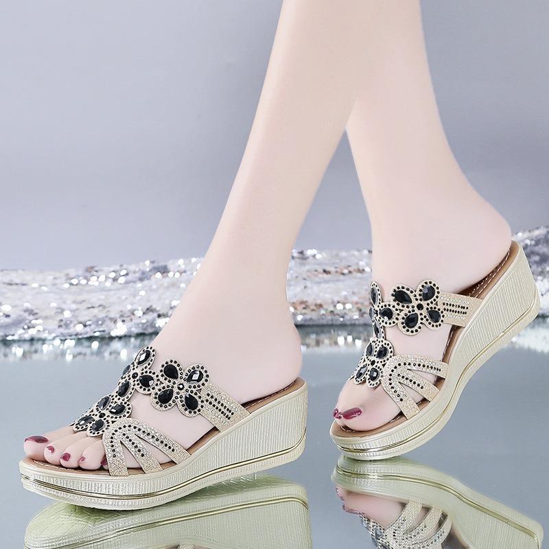 Spring and summer new rhinestone slope heel cool slippers flat bottom thick bottom one-word slipprs snals