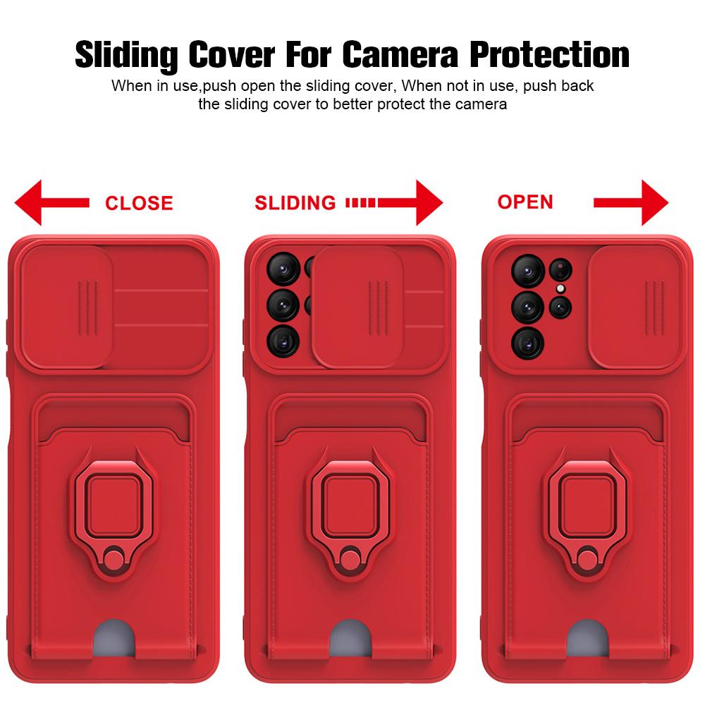 Slide Camera Ring Holder Case For Samsung S25 S24 S23 S22 Ultra Plus S20FE A23 A33 A53 A73 A52 A72 A51 A71 A31 Silicone Card Bag