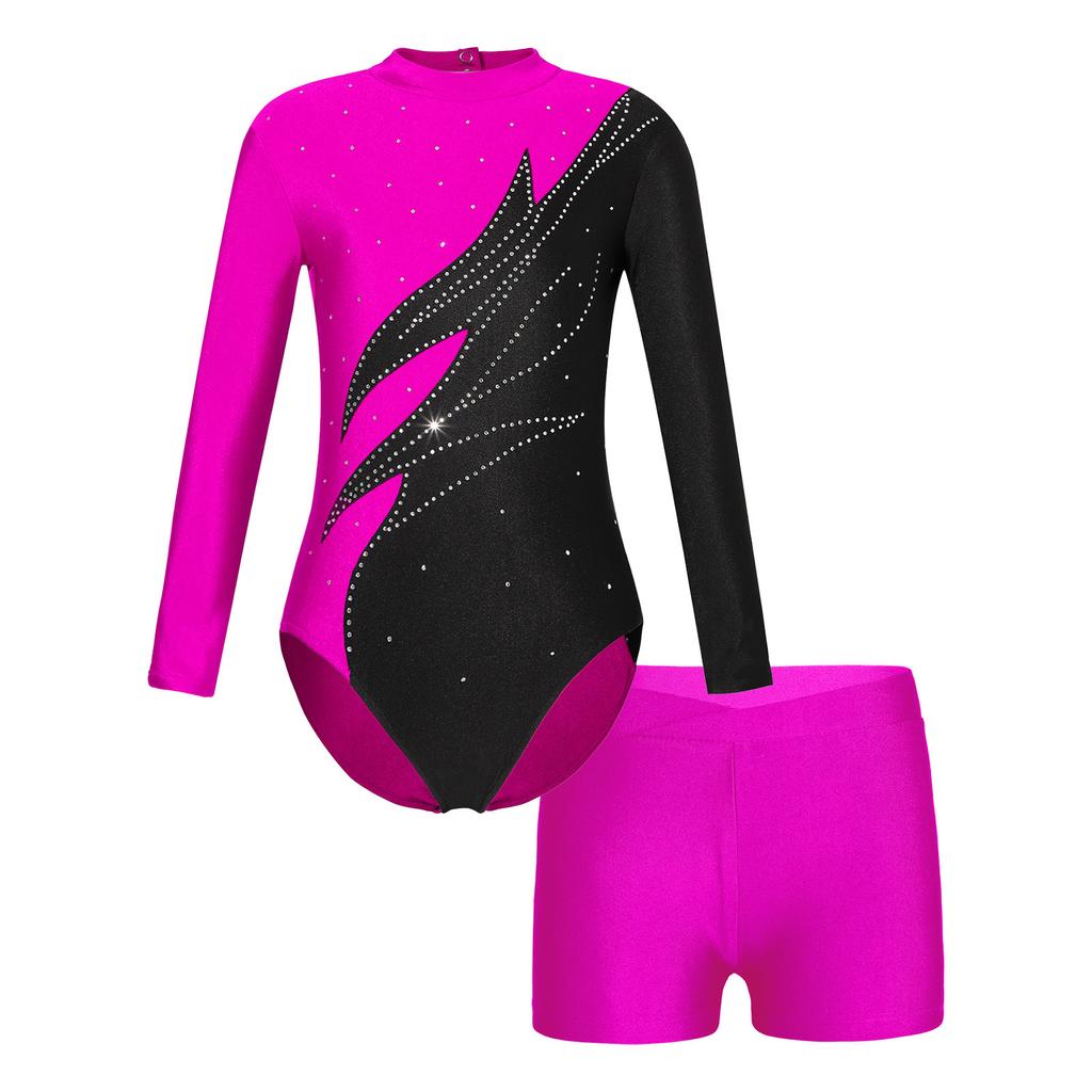 Girls Long Sleeve Dance Leotard Mock Neck Rhinestones Keyhole Back V-front Waistband Shorts Performance Outfit