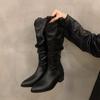 Vintage brown V-mouth stack medium tube boots women's shoes 2025 spring and autumn winter pointed western cowboy boots