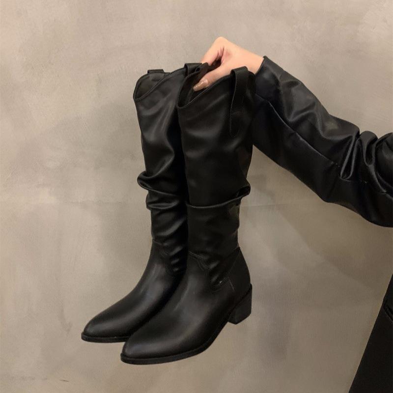 Vintage brown V-mouth stack medium tube boots women's shoes 2025 spring and autumn winter pointed western cowboy boots