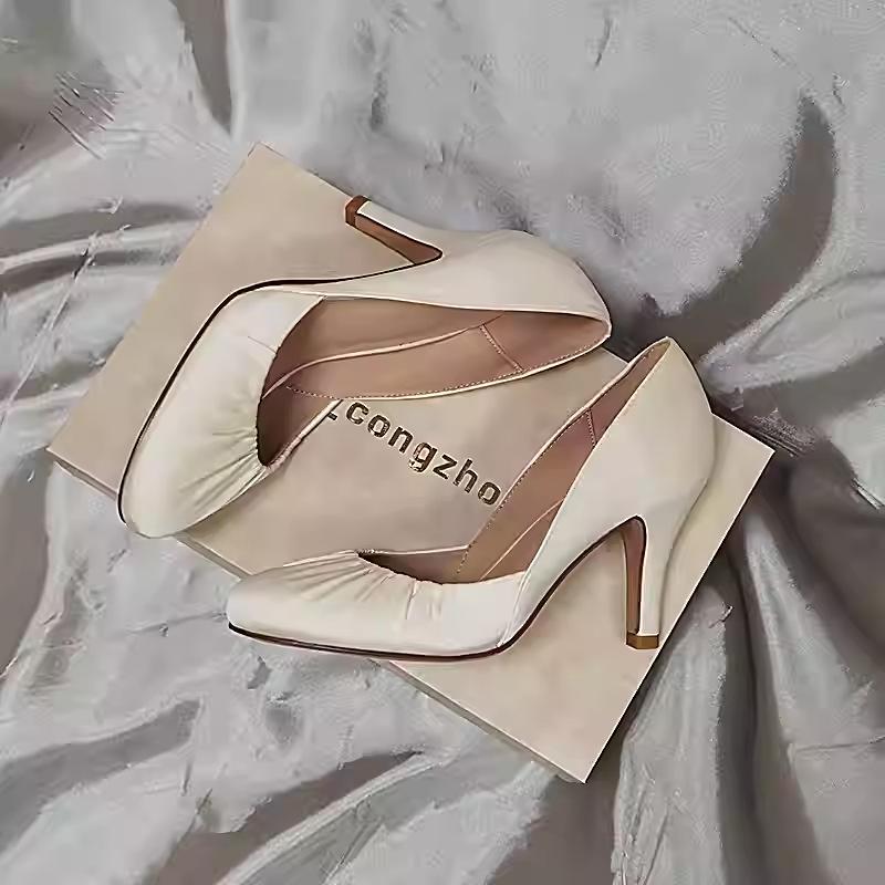 

Шелковые осенние женские белые туфли-стилеты с низким вырезом - Винтажные морщинистые туфли на высоком каблуке для свадеб и подружек невесты, издание 2025 года 35