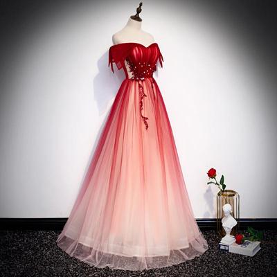 Boat Neck Off The Shoulder Lace Up Back Gradient Red Party Banquet Prom Evening Dress Wedding Dress