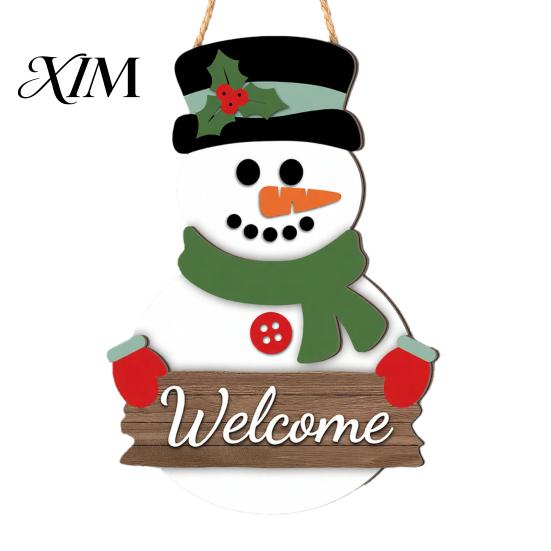 Indoor Outdoor Xmas Decoration Christmas 2D Wooden Welcome Hanging Sign, Cartoon Santa Snowman Tree Party Wall Art Door Hanger with Rope, Porch Front