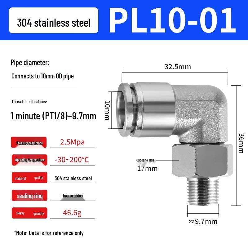 304 Stainless Steel Pneumatic Quick Push-in Connector, PC16-06/PC8-02 Swivel Elbow, PL6-M5/04