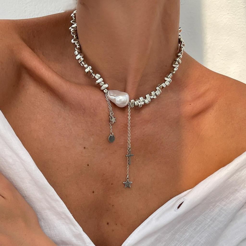 Irregular Pearl Beaded Choker Necklace Women Gold Color Fragment Metal Beads Collarbone Chain Minimalist INS Daily Neck Jewelry
