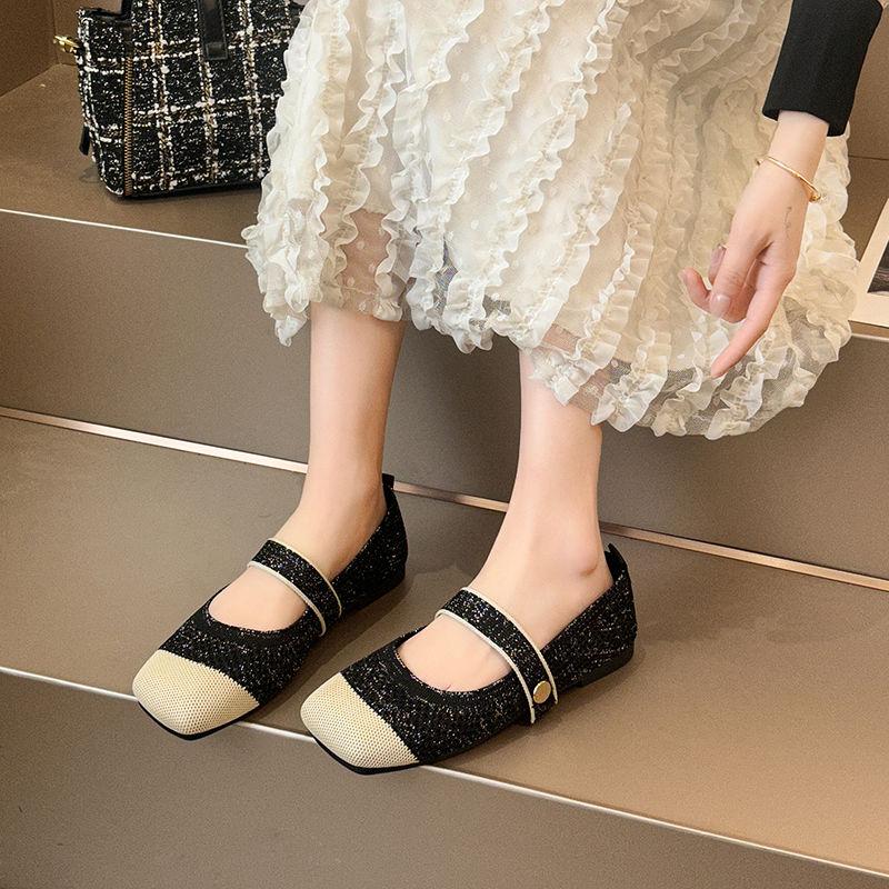 Modieuze Retro Vierkante Neus Mary Jane Schoenen voor Dames Zomer Splicing Kleur Dames Flats 2025 Sociaal Lage Prijs Mode 39 Elegante Jurk Schoen