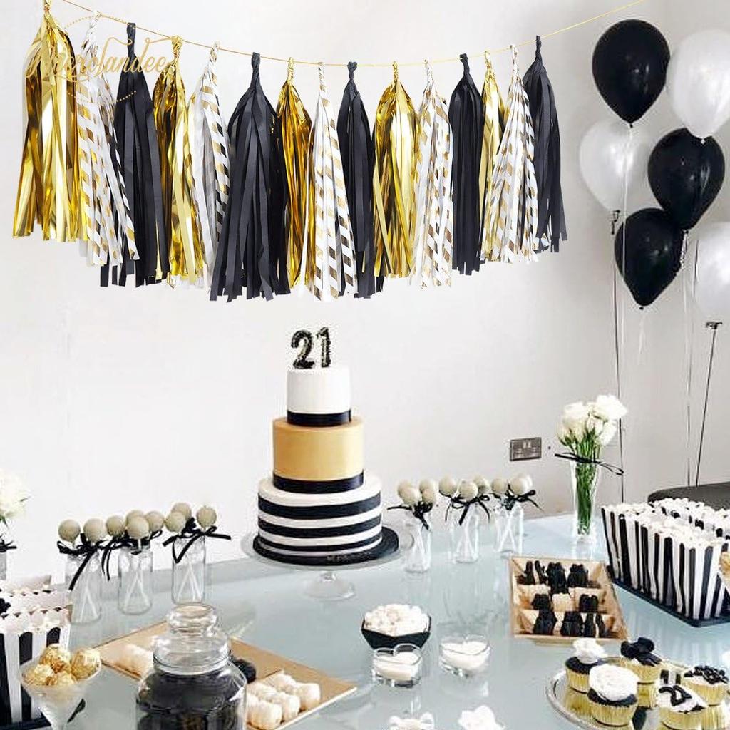 NICROLANDEE Black Gold Graduation Party Decorations, 15PCS Black Gold Tissue Paper Tassel Garland for Birthday, Wedding, Bridal Shower, Bachelorette