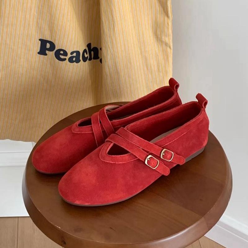 Fashion SUOJIALUN 2025 New Brand Women Flat Shoes Fashion Red Round Toe Ladies Mary Jane Shoes Flat Heel Genuine Leather Single Shoes