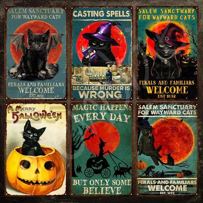 Halloween Black Cat Metal Poster Salem Sanctuary for Wayward Cats Vintage Tin Sign Plate Wall Stickers for Home Wall Decoration