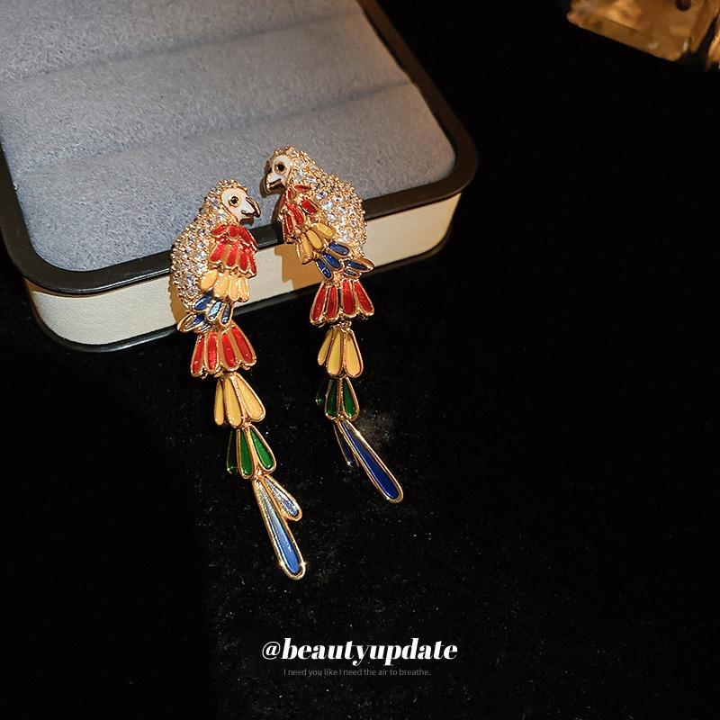 Real Gold Electroplated Silver Needle Colored Zircon Long Parrot Earrings Medieval Court Style Earrings Literary and Artistic Fan French Earrings