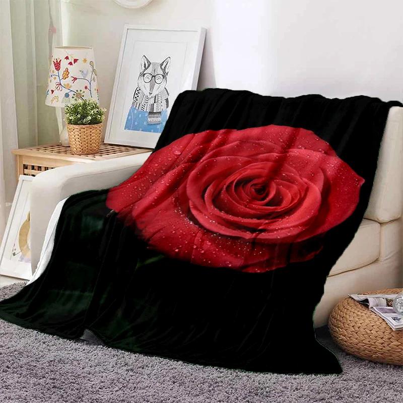 Red Roses Water Droplets Flannel Throw Blanket Valentine's Day Gift for Girls Women King Queen Size for Couch Sofa Living Room