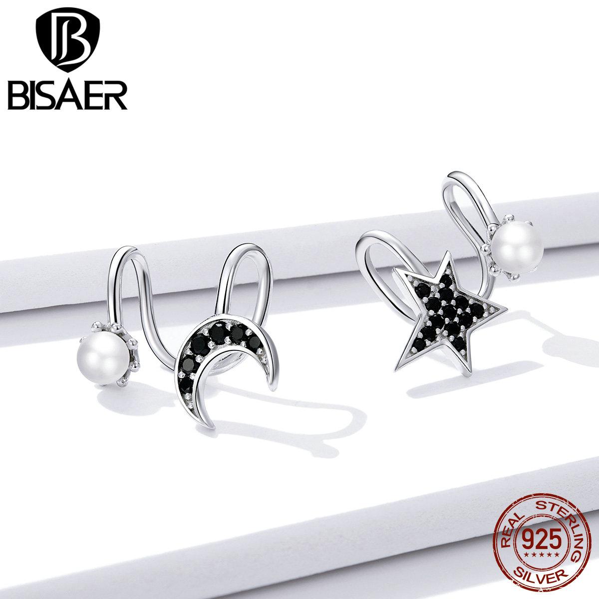 

BISAER 925 стерлингового серебра жемчуг циркон Модные серьги Луна и звезда Шпильки Серьги Свадебные украшения