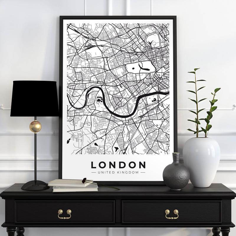 Plakat kart byplan London i svart ramme