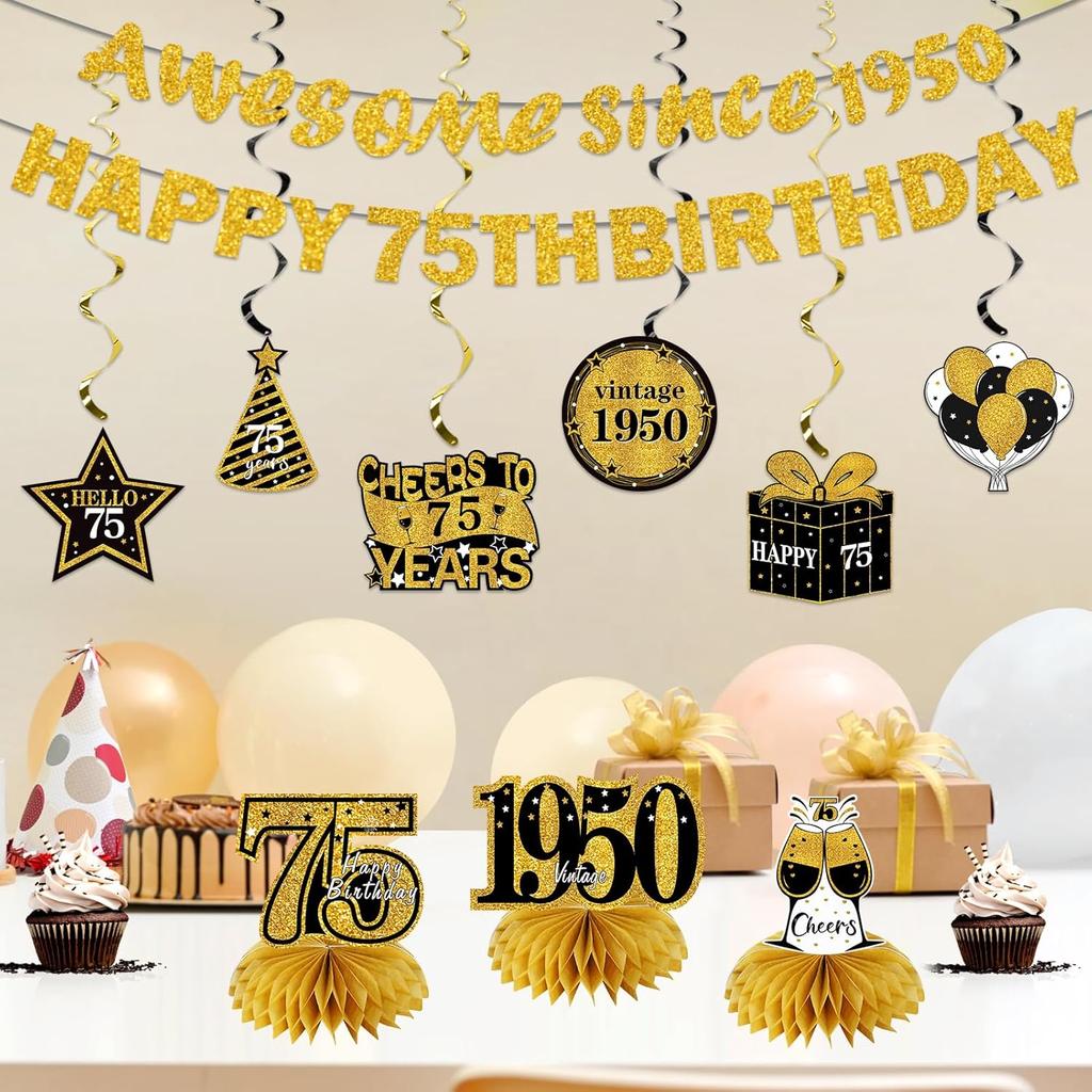 11Pcs 75th Birthday Decorations Kit for Men Women, Black Gold Happy 75th Birthday Banner, Awesome Since 1950 Centerpieces Swirls Party Supplies, 75