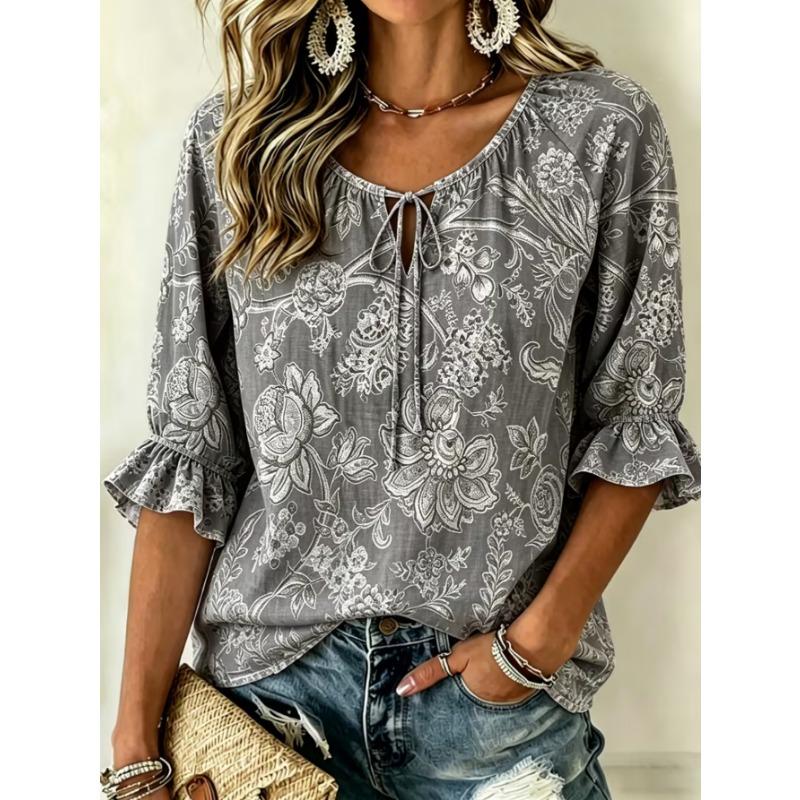 Women's elegant printed lace-up flared top, stylish and versatile, comfortable and skin-friendly