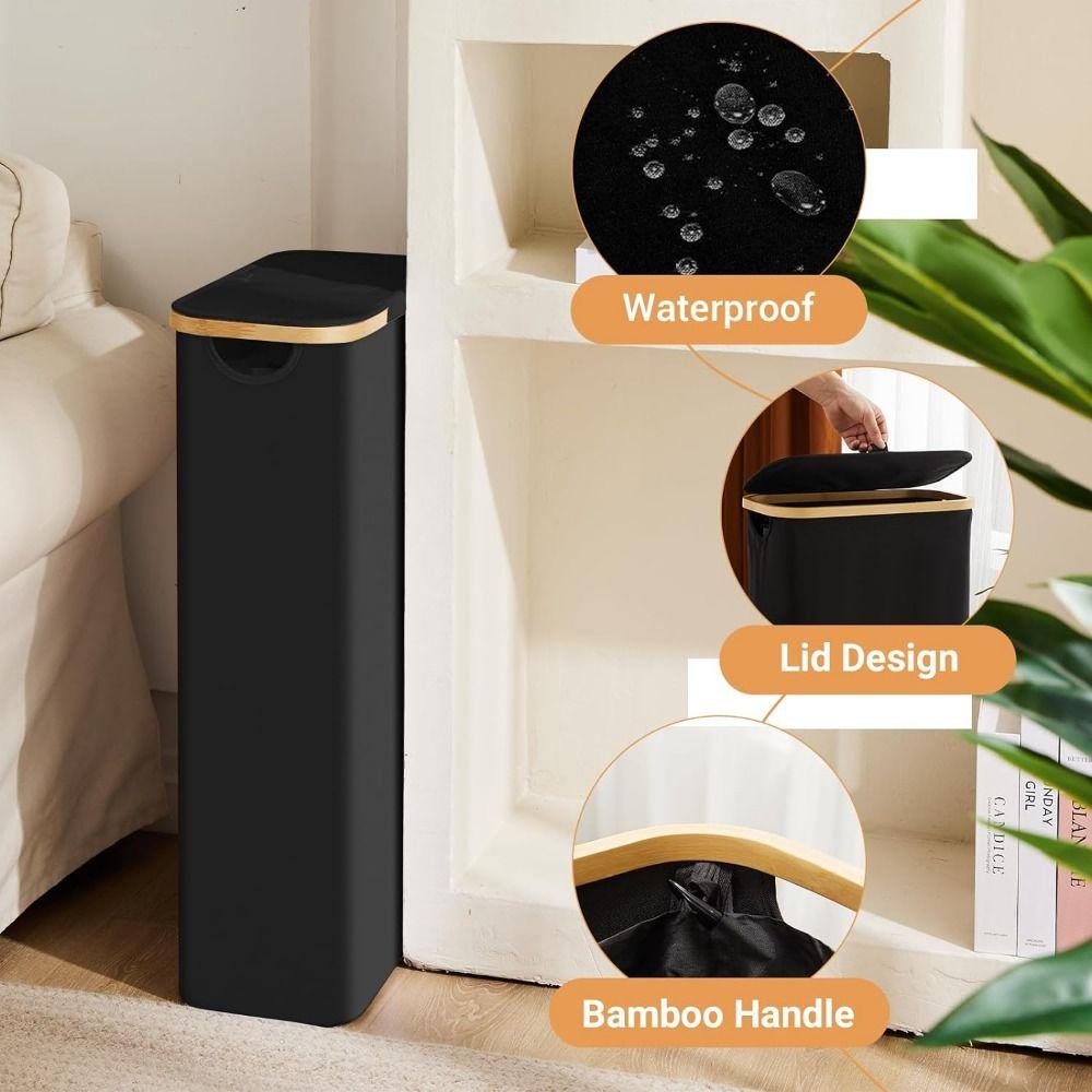Bamboo Handles Slim Laundry Hamper with Lid Foldable Clothes Basket Bin Storage Bins  Bathroom