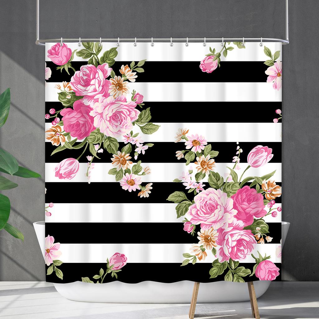 Shower Curtain Waterproof and Mildew-proof Digital Printing Horizontal Strip Plant Flower Printing Shower Curtain Partition Curtain Free Punching