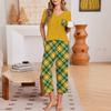Women Casual Loose Fit Short Sleeve T Shirt and Capri Pants Pajama Set V Neck Top with Pocket Printed Lounge Wear Set