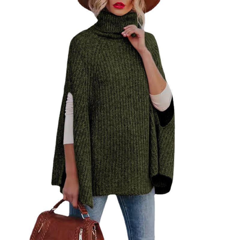 2025 Autumn/Winter Women's High Neck Loose Fashion Cape Sweater - Solid Color