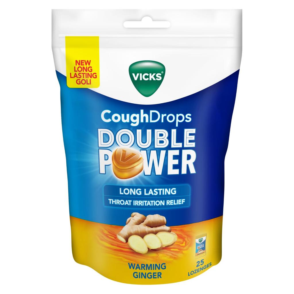 VICKS COUGH DROPS DOUBLE POWER (Bag of 25) WITH AYURVEDIC INGREDIENTS, WARMING GINGER FLAVOUR