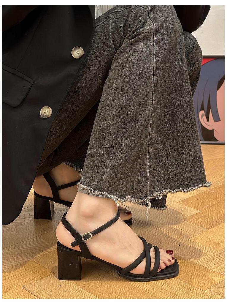 One-Strap Chunky Heel Square Toe White Sandals - 2025 Spring French Style Women's Mid-Heel